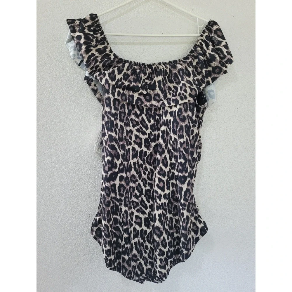 Swim Solutions Off Shoulder Leopard Print Ruffle Swimsuit Black Multi 22W #18 - Picture 2 of 7